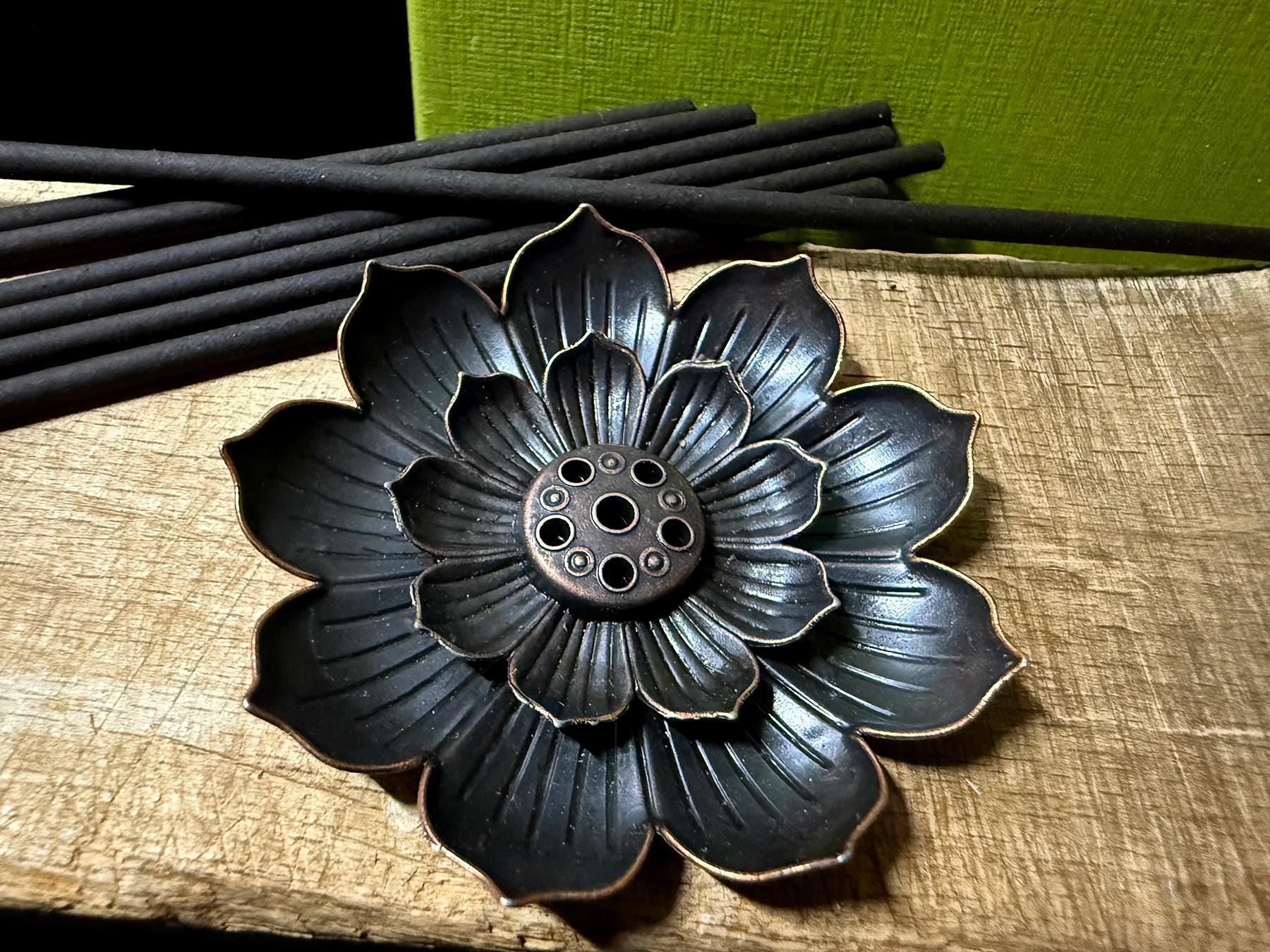 Small Copper Lotus Incense Stick Holder with Lemon Scented Black Incense Sticks