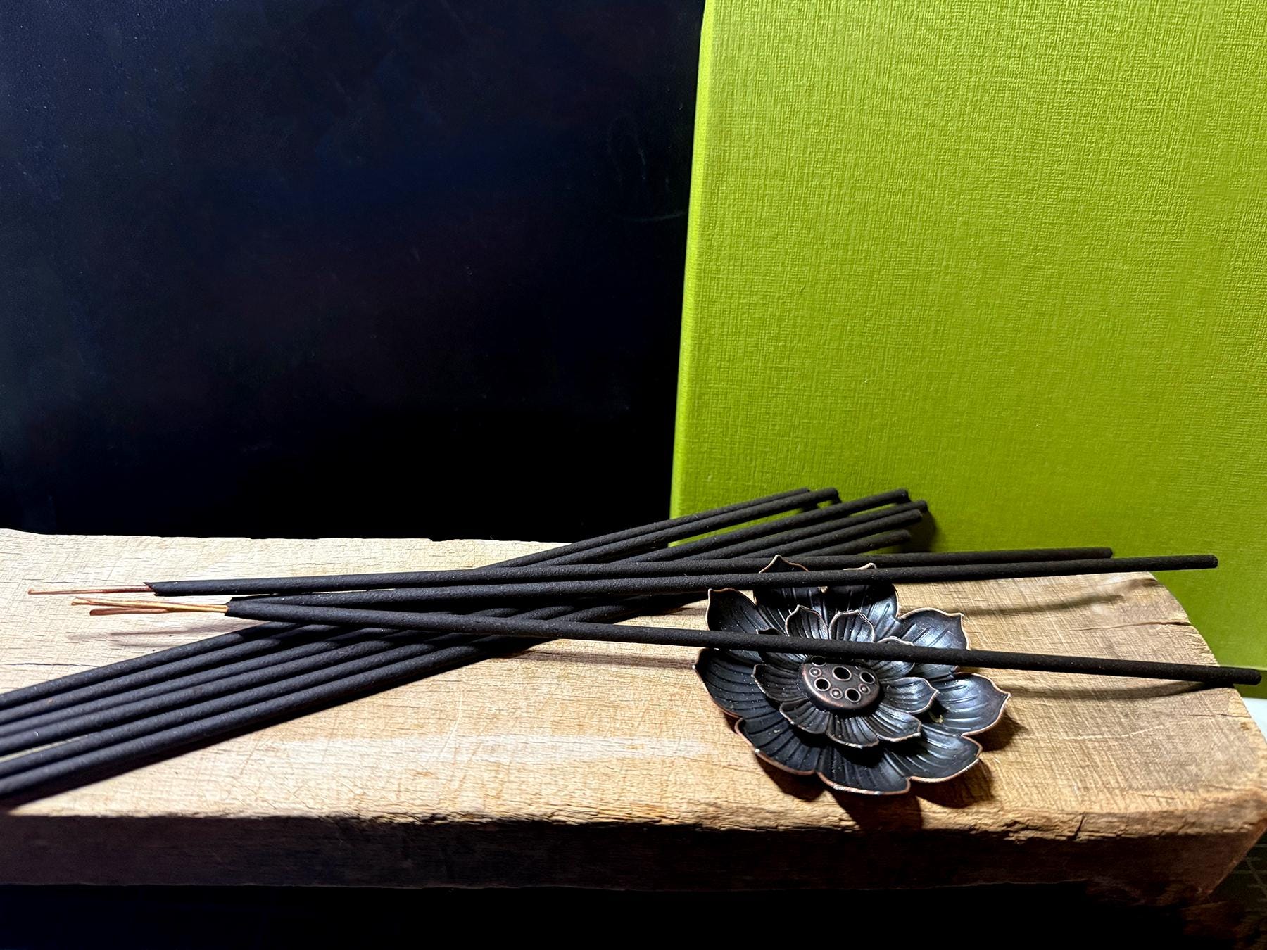 Small Copper Lotus Incense Stick Holder with Lemon Scented Black Incense Sticks
