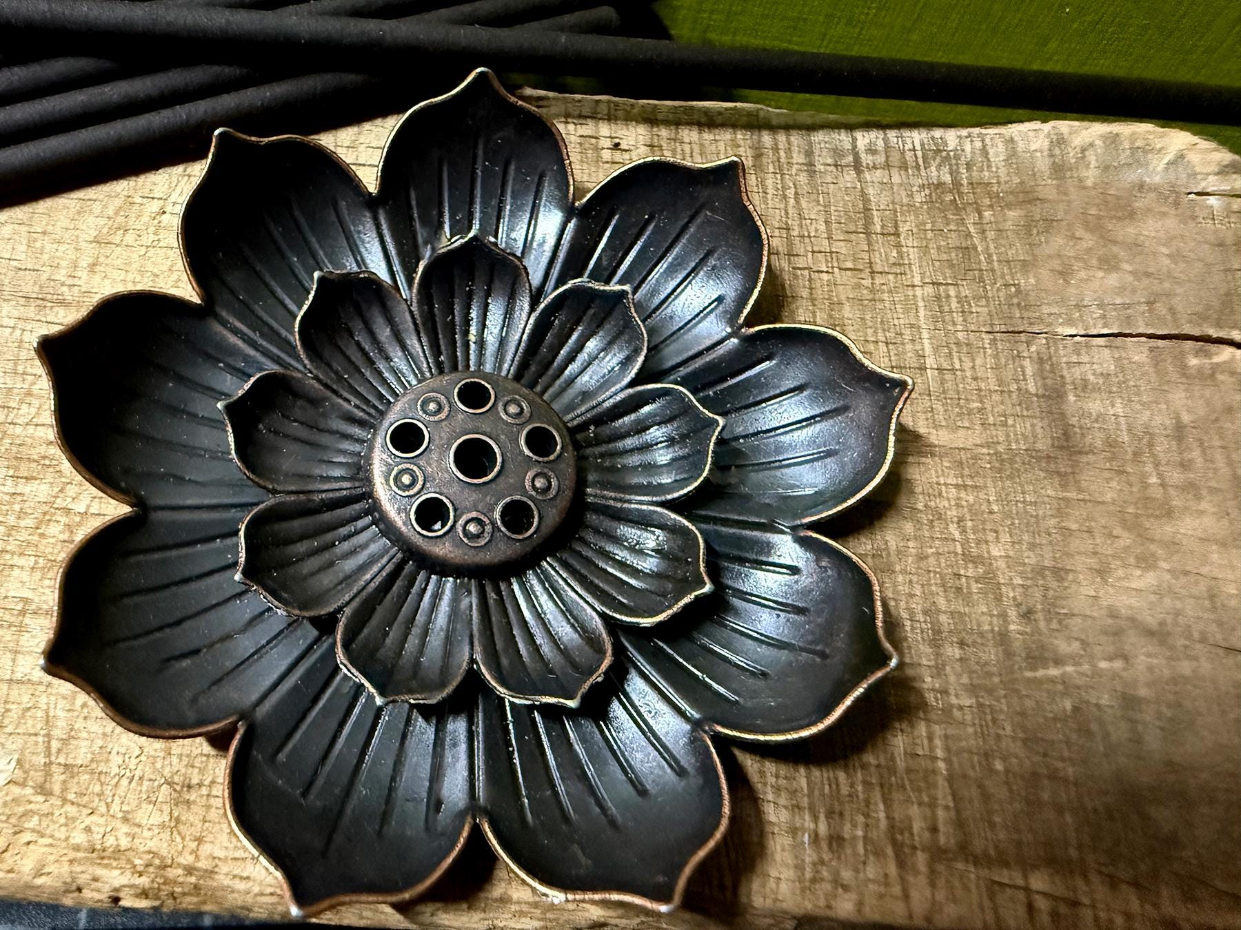 Small Copper Lotus Incense Stick Holder with Lemon Scented Black Incense Sticks