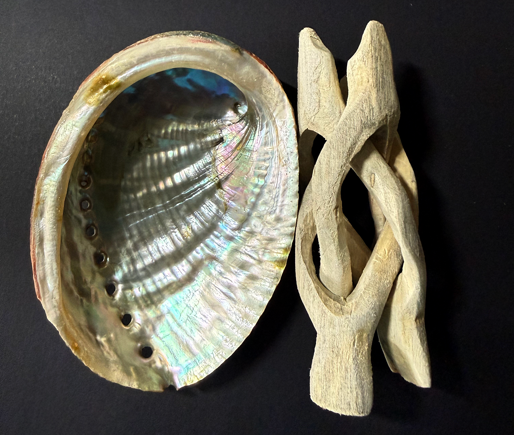 Abalone Shell & Wood Tripod Stand Natural Smudge Bowls