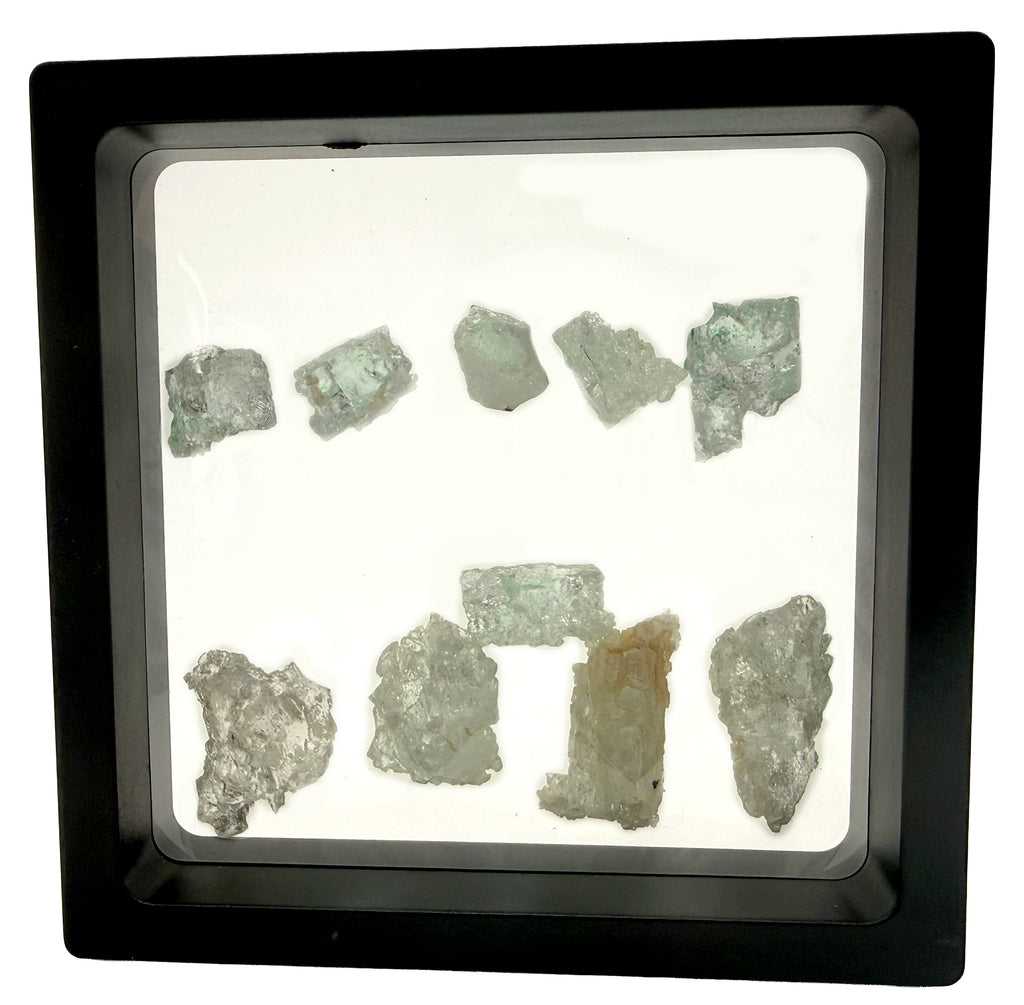 Aquamarine, Etched, From Brazil 36g, Ten pieces in Plastic Window Membrane Frame