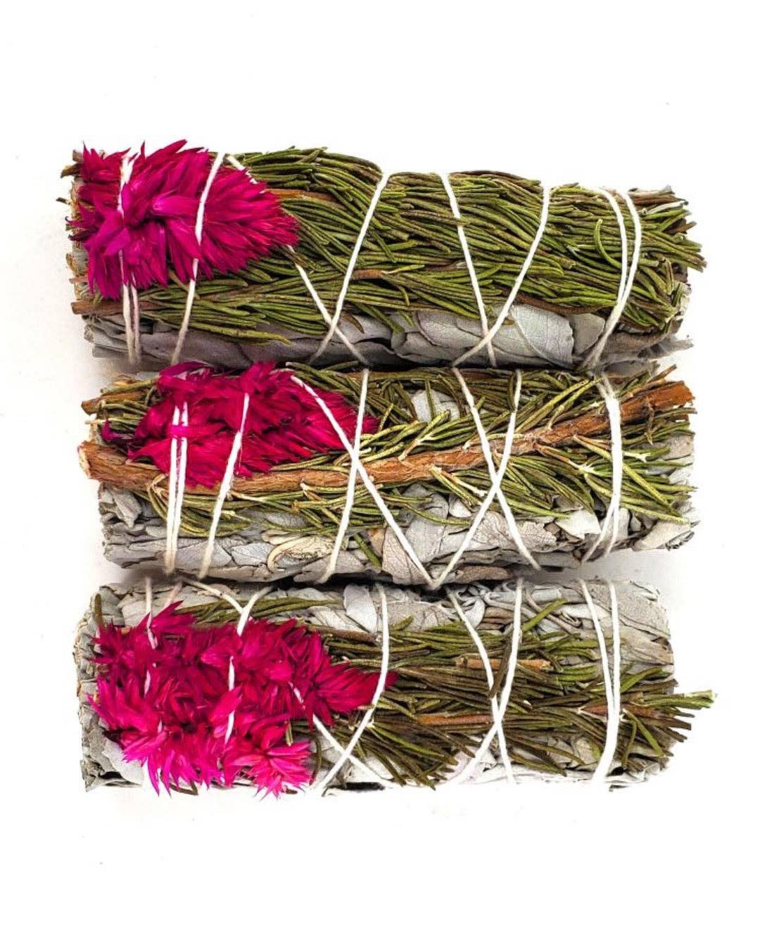 Pink Celosia Flower + White Sage + Rosemary Smudge Wand (each)