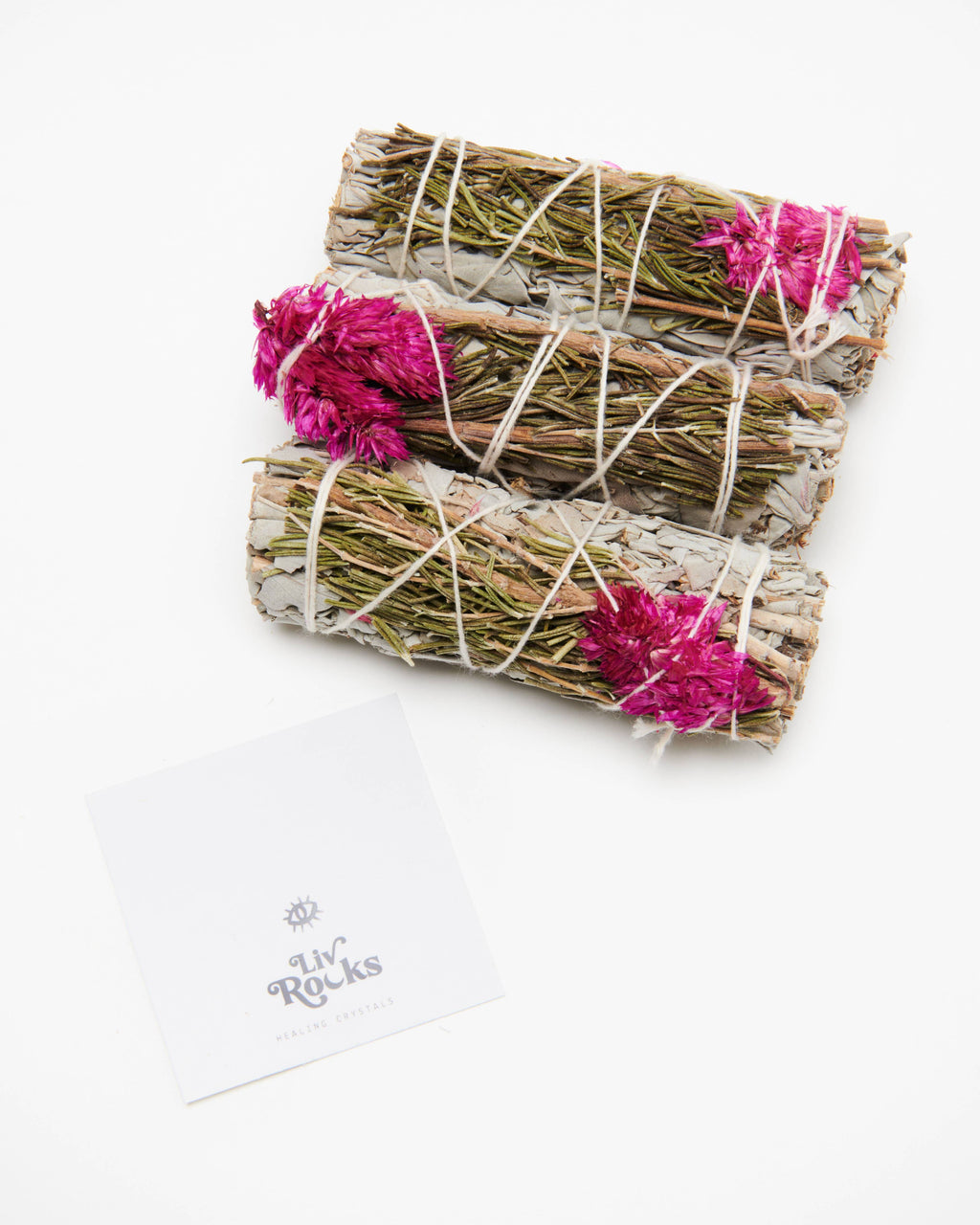 Pink Celosia Flower + White Sage + Rosemary Smudge Wand (each)