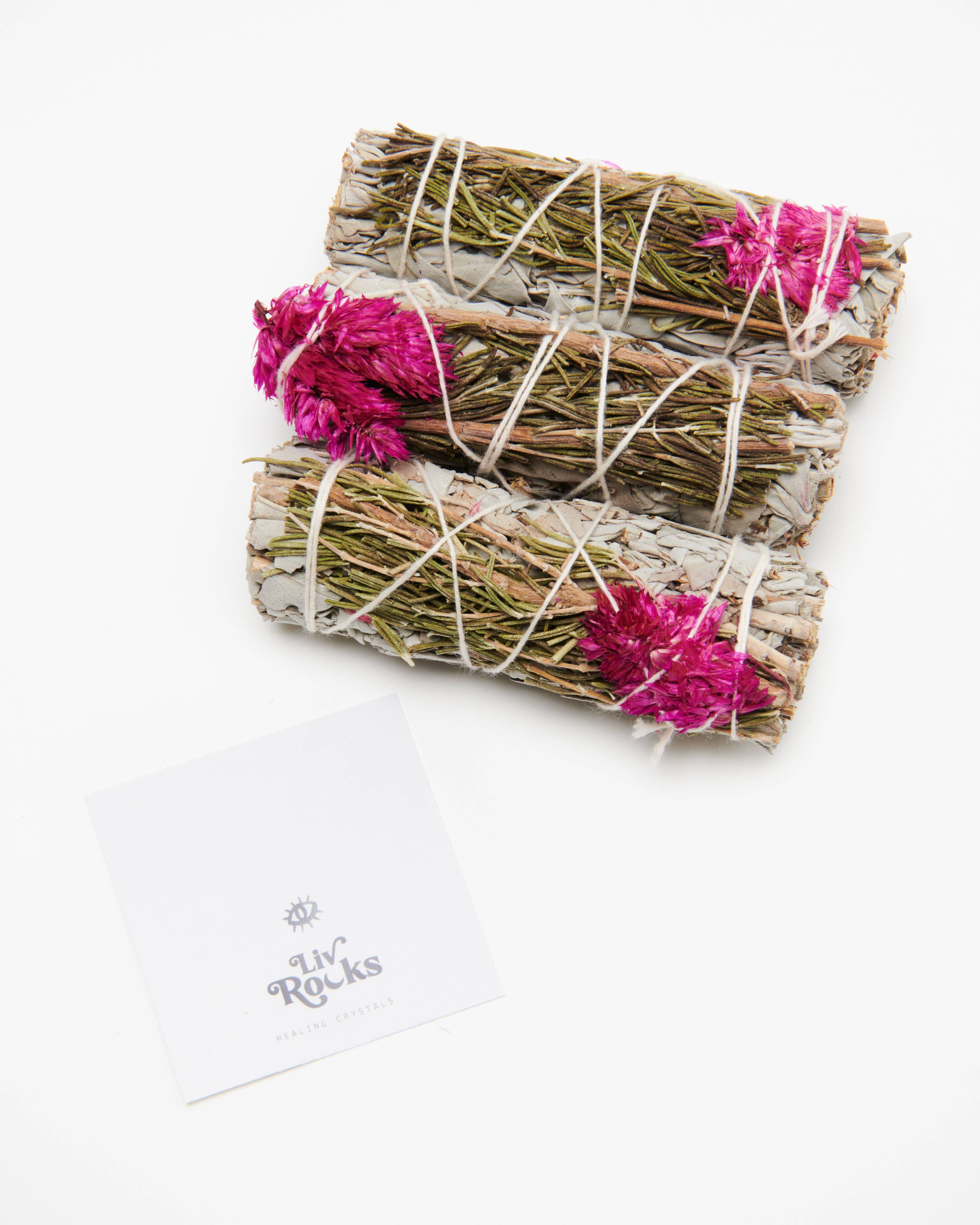 Pink Celosia Flower + White Sage + Rosemary Smudge Wand (each)